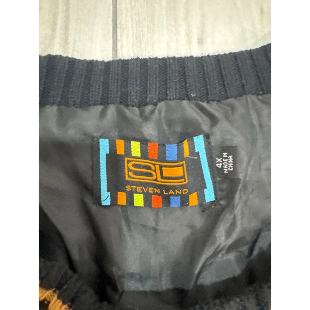 Steven Land Mens 4X Leather Suede Knit Mixed Media Sweater Black Orange Diamond